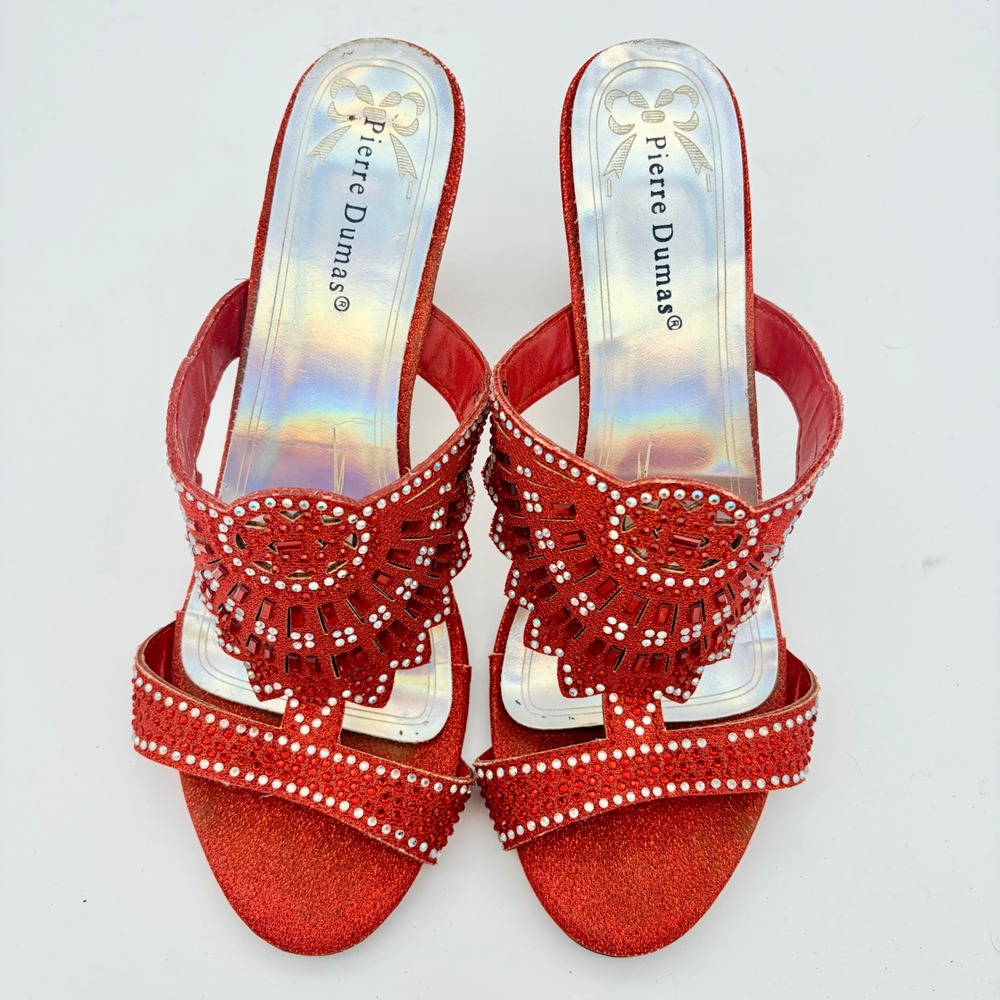 Pierre Dumas Eva Red Beaded Rhinestone Heels Mules 9M Glam Party Club Evening - Picture 3 of 9